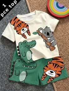 Baby Boy Casual Minimalist Top, Suitable For Spring And Summer, Classic Cute Cartoon Hand-Drawn Animal Party, Tiger, Crocodile, Sloth Cute Cartoon Crayon Hand-Drawn Pattern Print - Multicolor - View 2