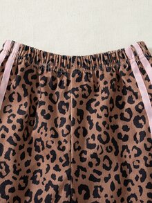 SHEIN Playful Pals 女童燈芯絨豹紋撞色織帶飾邊極簡時尚長褲 - 棕色 - 查看 7