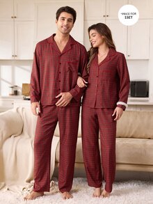 CoupledUp Men's Couple Red Plaid Long Sleeve Pants Pajama Set 2pcs - Red - View 6