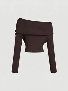 SHEIN MOD Women's Casual Solid Color Off-Shoulder Sweater, Autumn/Winter - Brown - View 3