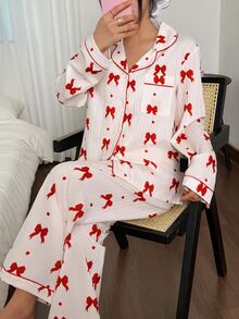 Napfluff Women's New Bow Print Casual Long Sleeve Pants Pajama Set - Red and White - View 2