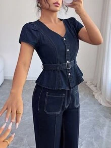 Elenzga Atasan Denim Wanita Elegan dengan Hiasan Ruffle dan Sabuk Pinggang - Dark Wash - View 7