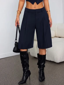 SHEIN PETITE 春季簡約通勤灰色百慕達短褲女款西裝短褲 - 藏蓝色 - 查看 5