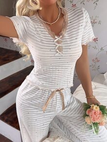 CottageSlumber Cherry Print Lace Short Sleeve Long Pants Pajama Set - Apricot - View 6