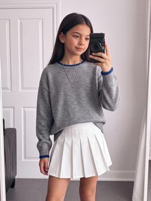 Tween Girl Autumn/Winter Fashion Commute Round Neck Colorblock Pullover Loose Drop Shoulder Long Sleeve Sweater, Suitable For Back To School - Light Grey - View 1