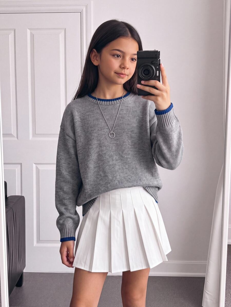 Tween Girl Autumn/Winter Fashion Commute Round Neck Colorblock Pullover Loose Drop Shoulder Long Sleeve Sweater, Suitable For Back To School - Light Grey - View 1