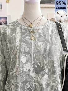 SHEIN EZwear 乾葉植物印花圓領長袖寬鬆版型T恤，適合秋季，學院風 - 彩色 - 查看 4