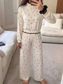 DAZY 2pcs/Set Women's Pajama Set, Lace Patchwork Bow Full Print Pattern Half-Open Neckline Pullover Long Sleeve Top And Straight Leg Long Pants Fall - Beige - View 5