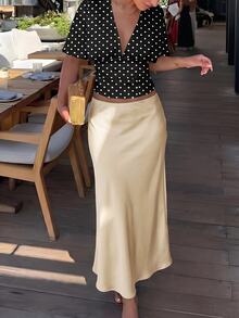 Firerie Elegant Commute Solid Color Satin Long Skirt - Apricot - View 3