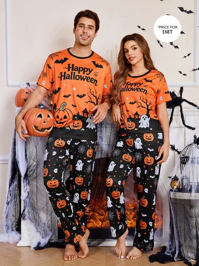CoupledUp Halloween Pumpkin Print Colorblock Pullover Short Sleeve Long Pants Pajama Set For Men