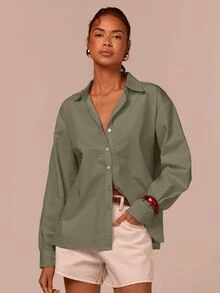 COSMINA Women's Casual Solid Color Front Button-Down Drop Shoulder Shirt, Autumn Style, Long Sleeve Shirt, Elegant Women's Shirt, Basic Versatile Shirt, Pink Shirt, Suitable For Office Wear, Daily Outfit, Loose Fit Shirt, Valentine's Day Shirt, Casual Shirt - Khaki - View 6