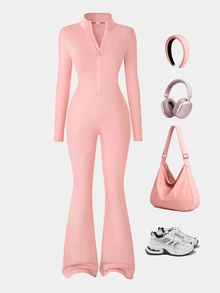 SHEIN 1件女童修身連身褲，立領設計，秋季服飾，前胸半拉鍊，長袖，休閒運動風 - 粉色 - 查看 3
