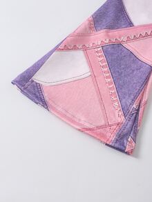 Sparklyn 2件組女童甜酷風3D蝴蝶結裝飾白色上衣+黑色喇叭褲套裝，黑色上衣配多個粉色蝴蝶結，洋紅色喇叭褲時尚版型，整體風格偏向甜酷融合可愛與時尚，適合返校、外出、街頭穿搭 - 紫色 - 查看 4