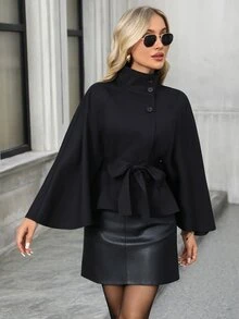 EMERY ROSE Women's Elegant French Commuter Cape Trench Coat Fall Clothes Winter Outfit Going Out Black - Black - View 4