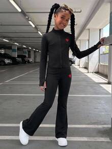 SHEIN 兒童青少年女孩秋冬運動休閒瑜伽日常針織純色紅色愛心印花開襟外套與拼色喇叭長褲套裝，女童運動套裝，黑色百搭經典Y2K - 黑色 - 查看 8