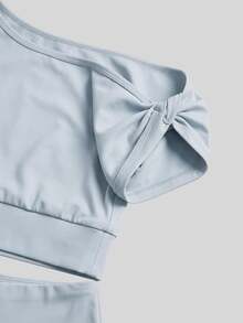Sweetra Women's Solid Color Asymmetric Neck Top And Pants Casual Daily Sports Outfit - Baby Blue - View 6