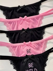 PetitDoll 5pcs Lace Trim Letter Print Bowknot Women's Thong Panties Set - Multicolor - View 3