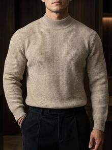 DAZY Spring/Autumn Khaki Marled Semi-High Round Neck Long Sleeve Cuffed Hem Men's Sweater - Khaki - View 8