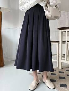 DAZY Teen Girl Solid Color Casual Preppy Pleated Skirt Fall - Navy Blue - View 1