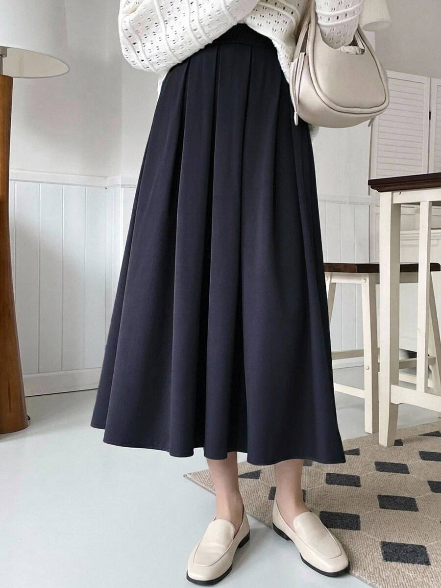 DAZY Teen Girl Solid Color Casual Preppy Pleated Skirt Fall - Navy Blue - View 1