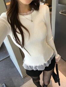 DAZY Women's Round Neck Solid Color Elegant Long Sleeve Sweater Fall - White - View 8