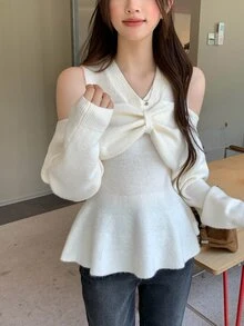 DAZY Sweater Wanita Lengan Panjang Model Korea Kerah V dengan Pita untuk Musim Gugur/Dingin - Putih - View 3