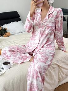 SHEIN 女款泡泡皺紋印花開襟領睡衣套裝 - 白色 - 查看 1