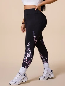 SHEIN Rhythm Era Plus Size Botanical Print Patchwork High Waist Seamless Sports Leggings - Multicolor - View 3
