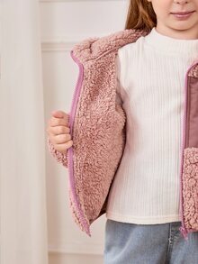 Cozy Pixies 女童厚實泡泡抓絨撞色連帽長袖開襟外套 - 淺粉色 - 查看 5