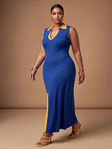 Slaydiva Spring/Summer Women's Plus Size New Bold, Classy Feminine Style Tummy Control Fit Breathable Elegant Romantic Classic Deep Blue & Orange Contrast Deep V Polo Neck High Slit Knit Dress - Multicolor - View 6