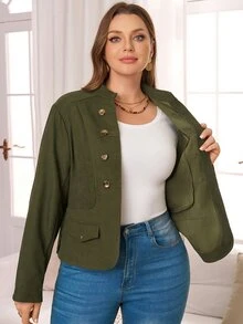 Rosumi Jaket Kasual Serbaguna Wanita Ukuran Besar, Musim Gugur/Dingin - Hijau Tentara - View 8