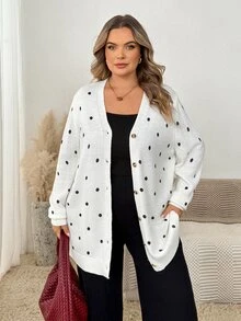 SHEIN CURVE+ 大尺碼休閒戶外波點針織開襟衫 - 彩色 - 查看 8