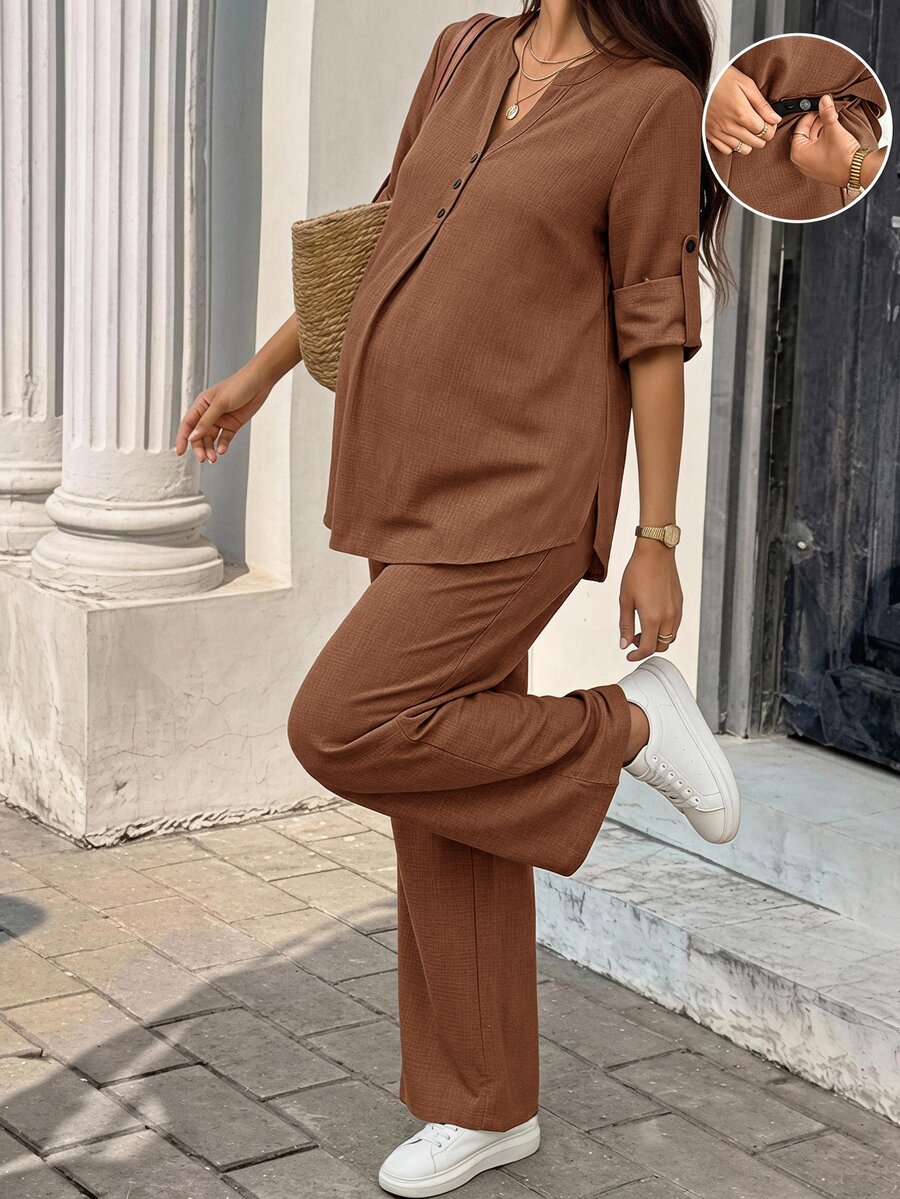 SHEIN Maternity Solid Color Rolled Sleeve Shirt And Pants Casual 2 Pieces Set Fall - Brown - View 1