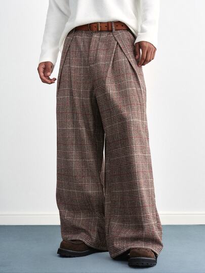TOKVUE Pantalon décontracté vintage à jambes larges avec poches plissées motif pied-de-poule pour hommes