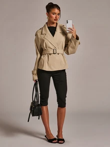 SHEIN BAE Women's Autumn/Winter Fashion Versatile Solid Color Commuter Lapel Open Front Same Fabric Color Belt Waist Cinched Short Trench Coat Jacket - Khaki - View 3