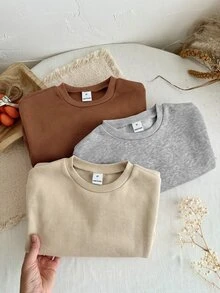 SHEIN LMoss Kids 女童 3 件組針織純色圓領寬鬆休閒秋季運動衫套裝 - 棕色 - 查看 6