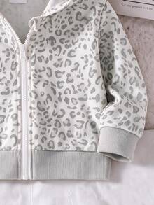 Baby Girl Fashionable Minimalist Cute Leopard Print Hooded Zip-Up Long Sleeve Fleece-Lined Sweatshirt Jacket, Soft Fabric, Suitable For Outings In Autumn/Winter - Multicolor - View 6