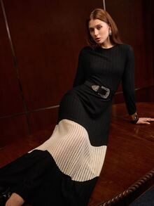 MOTF PREMIUM CONTRAST OPEN KNIT PANEL DRESS WITHOUT BELT - Black - View 2