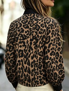 Trelyra Plus Size Women's Leopard Print Notch V-Neck Long Sleeve Casual Shirt - Brown - View 4