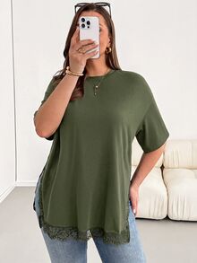 Shapeblank 大尺碼夏季休閒蕾絲拼接側開衩T恤 - 軍綠色 - 查看 5