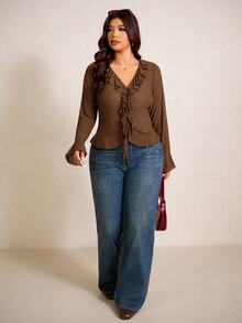 Elaquor Plus Size Women Solid Color Ruffle Collar Front Tie Bell Sleeve Top - Mocha Brown - View 3