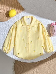SHEIN 少女可愛時尚休閒百搭翻領條紋水果圖案落肩寬鬆長袖襯衫，學院風，返校季 - 黃色 - 查看 6