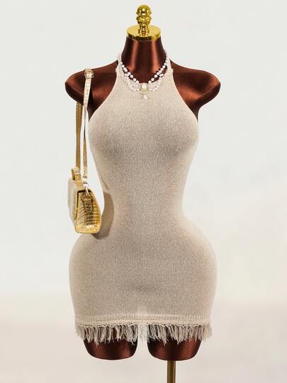 Mistrie Robe pull sans manches à bretelles spaghetti en tricot pour femmes, robe mini brillante abricot, tenue ajustée décontractée pour le travail, sexy pour soirée, fête et rassemblement