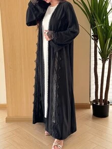 Al Najma Romantic Elegant Solid Color Flared Mesh Lace Decor Women's Abaya - Black - View 6