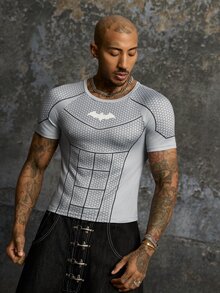 BATMAN X SHEIN Men's Geometric Bat Print Short Sleeve Slim Fit T-Shirt - Grey - View 9