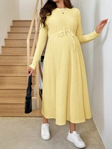 SHEIN 孕婦簡約百搭紋理長袖洋裝 - 黃色 - 查看 1