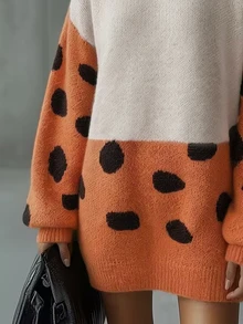 Balvessa Contrast Color Patchwork Large Polka Dot Hooded Drop Shoulder Lantern Long Sleeve Ribbed Hem Loose Minimalist Versatile Slouchy Women's Sweater Dress - Multicolor - View 3