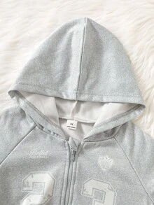 SHEIN ChillGRL 返校季女童2件套，創意條紋印花拉鍊短版連帽外套搭配側條紋寬腿長褲，常規厚度針織休閒百搭運動外套套裝，休閒運動風，適合春秋日常上學與戶外運動穿著 - 灰色 - 查看 5