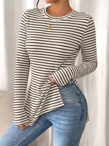 SHEIN Frenchy 女款極簡條紋拼接長袖開衩下擺T恤 - 杏色 - 查看 4