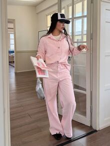 DAZY Women's Long Sleeve Single-Breasted Shirt And Long Pants Casual Denim Set Fall - Pink - View 4
